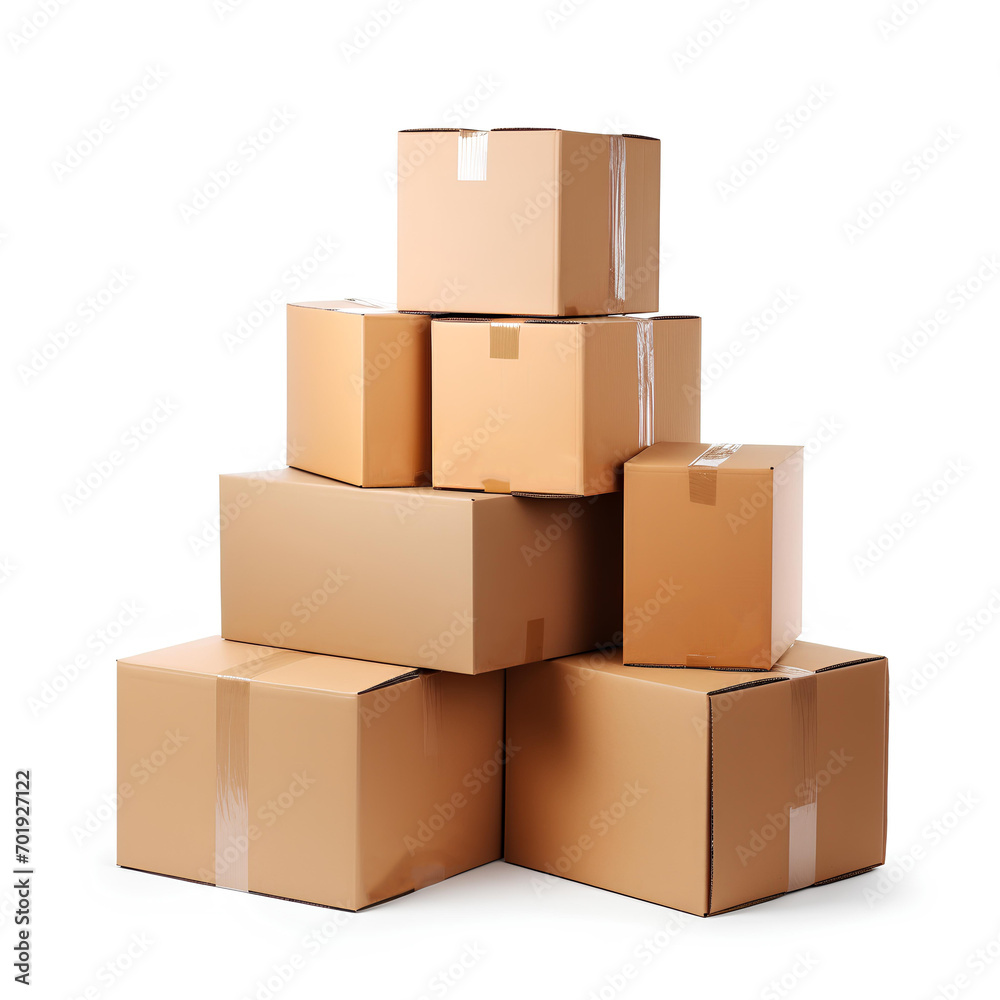 Cardboard boxes used to store things, either to deliver products or to move, on a white background