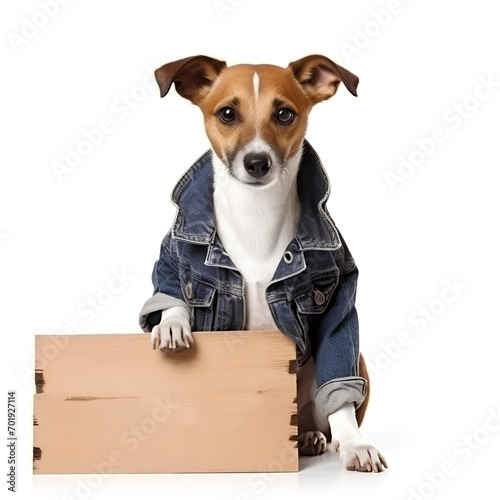 A Jack Russell Terrier dog holding a sign, image with copy space © Peludis