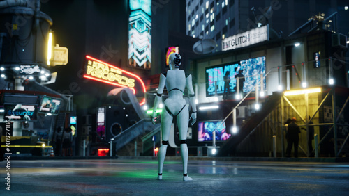 Wallpaper Mural female robot walking along a street in a big city. humanoid AI robot crossing street. 3d render. future automation job. Torontodigital.ca