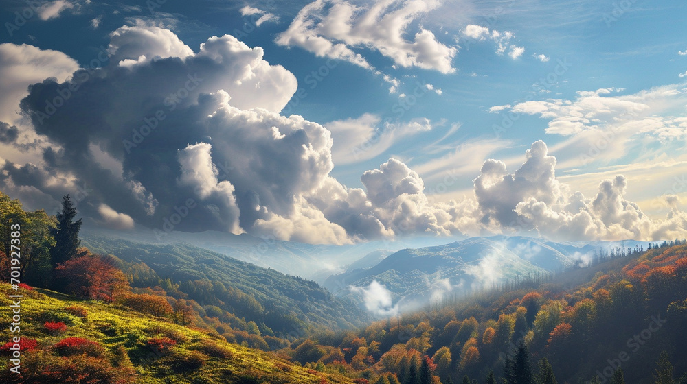 Heart-shaped clouds over a serene mountain landscape, AI Generated