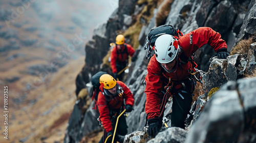 Mountain rescue team helping climber, AI Generated photo