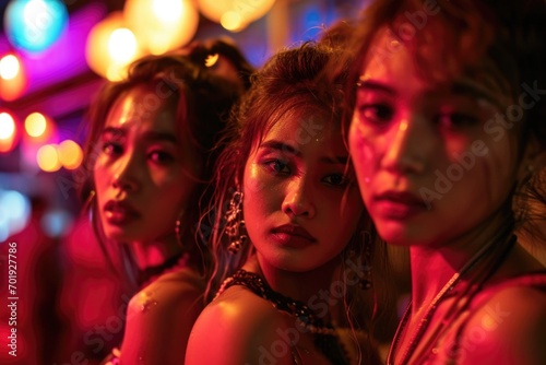 A close-up image capturing the captivating charm of Thai women as they confidently meet the camera's gaze amidst the vibrant nightlife of the city