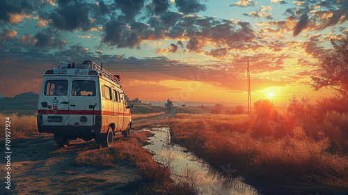 Sunset over an ambulance in rural countryside, AI Generated © Shining Pro