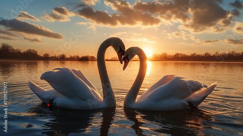 Two swans forming a heart with their necks at sunset, AI Generated photo