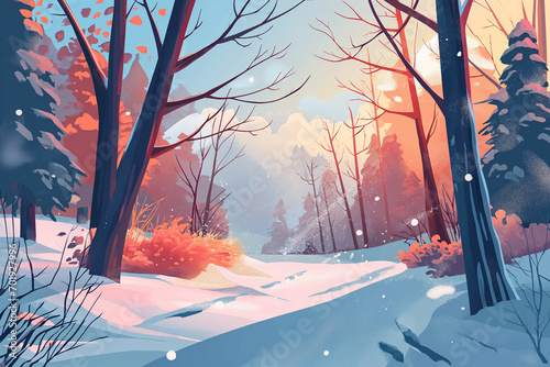 A walk in a snowy landscape, winter wonderland illustration