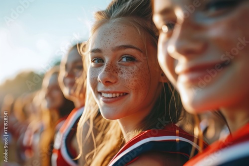 Capturing the infectious joy of a group of young women, cheerleaders for an American football team, as they beam with pride and enthusiasm
