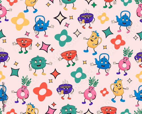 Seamless pattern with cute cartoon doodle dishes. Vector illustration.