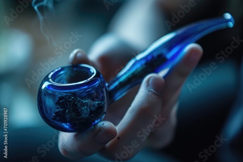 Smoking Pipe Close-Up: Hands cradle a blue glass smoking pipe, emphasizing the personal moment