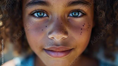 Close up portrait of a beautful female adolescent girl with black nevuses on her face for skincare therapy and skin cancer treatment photo