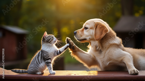 Fototapeta Naklejka Na Ścianę i Meble -  A cat and a dog high-fiving each other.