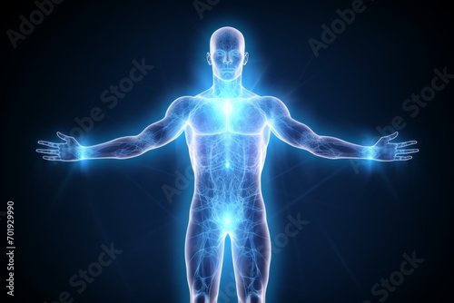 Strong human body energy powerful imagination evolution higher intelligence transformation silhouette vision god 3d flash concentration astral gesture glow freedom reincarnation connect progress form © Yuliia