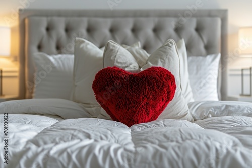 Romantic Bedroom Arrangement: A heart-shaped pillow nestled between white pillows on a simple bed, creating a romantic ambiance in the bedroom decor