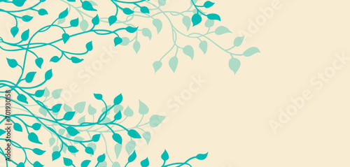 hand drawn ivy and vines in blue on a yellow background in a pretty entwining tangle of leaves climbing up the side border in a floral nature vector pattern for wedding announcements or invitations