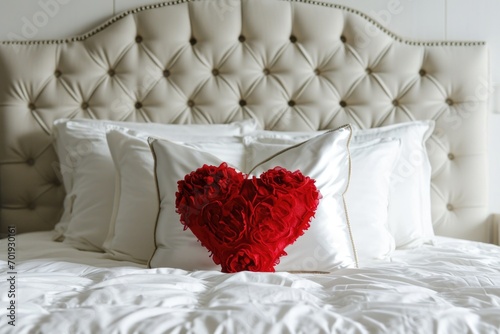 Romantic Accent: The heart pillow serves as a romantic accent among white pillows, adding a touch of love to the bedroom\'s overall aesthetic
