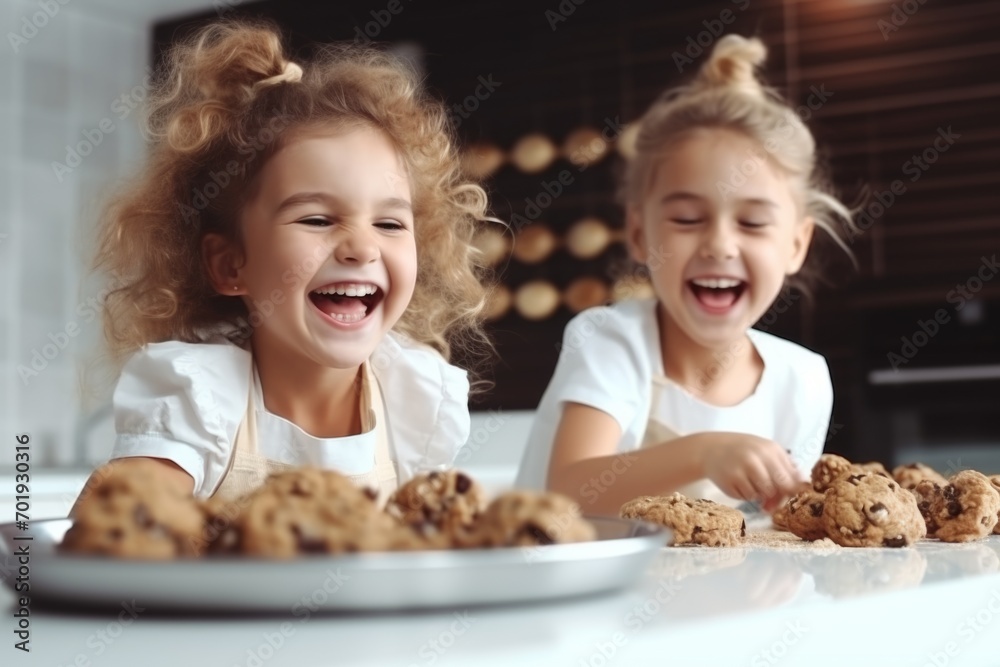 Two sisters babies children laughing smiling home in kitchen cook bake cookies sweets together childhood funny kids preparing cake happy family dessert little girls enjoy together ingredients pastry
