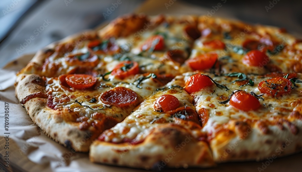 Delicious Baked Pizza with Cheese, Sausage, and Fresh Vegetables Delicious Baked Pizza with Cheese, Sausage, and Fresh Vegetables