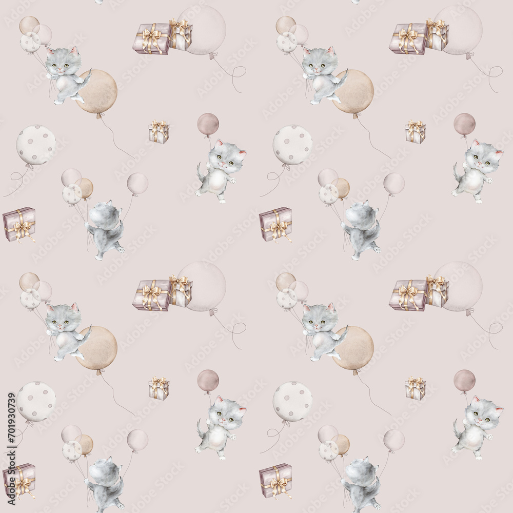 Seamless pattern of little fluffy gray kitten and balloon. Watercolor hand drawn. Merry New Year and birthday gift boxes with golden bows. Scottish fold on light background. Cat for kids pastel color
