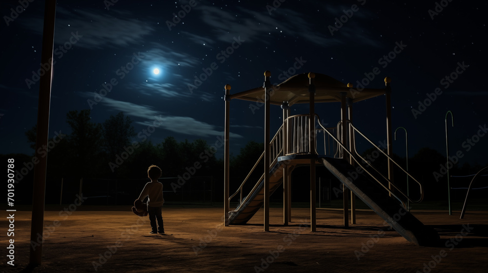 A child alone at an abandoned playground at night. A child alone at an abandoned playground at night.