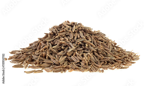 Pile of cumin seeds isolated on a white background. Caraway seeds, indian spice.