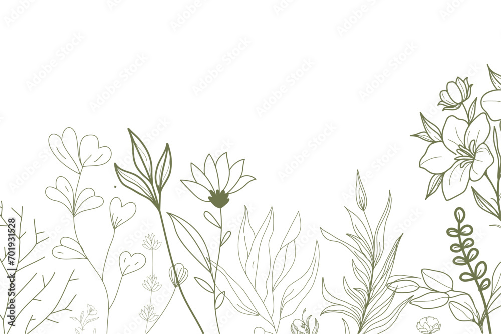 Hand drawn botanical seamless border vector illustration. Greenery meadow thin line art style pattern. Wedding invitation, wall art and card template