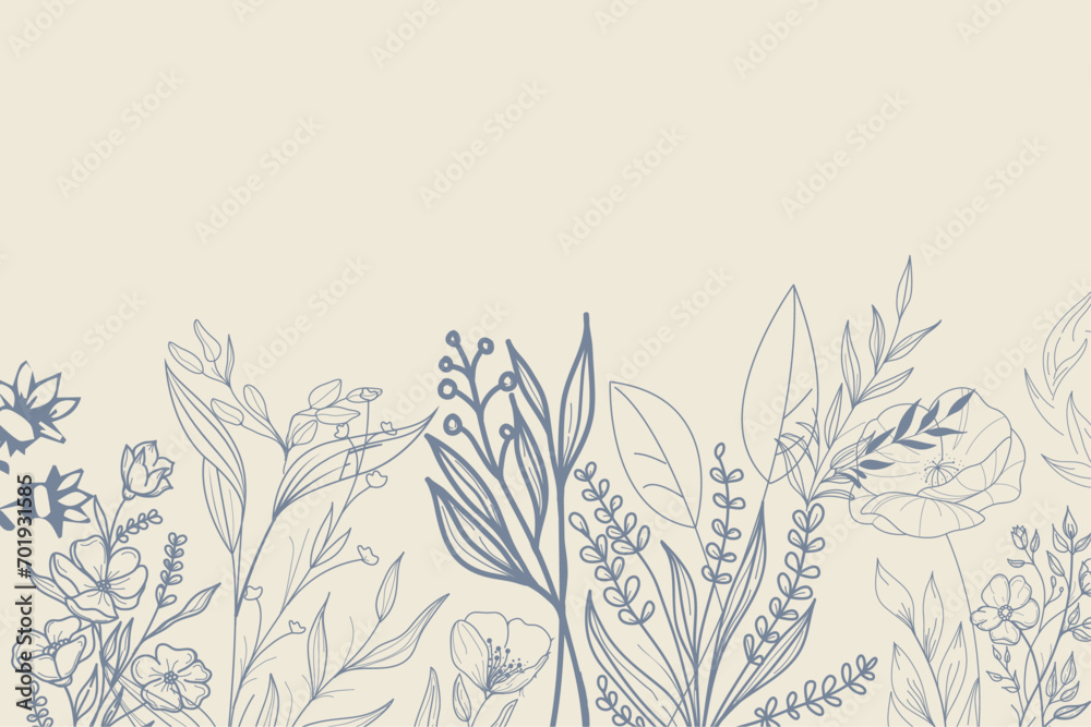 Hand drawn botanical seamless border vector illustration. Greenery meadow thin line art style pattern. Wedding invitation, wall art and card template - obrazy, fototapety, plakaty 