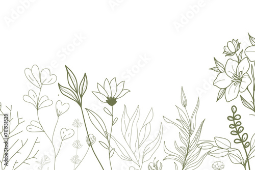 Hand drawn botanical seamless border vector illustration. Greenery meadow thin line art style pattern. Wedding invitation, wall art and card template