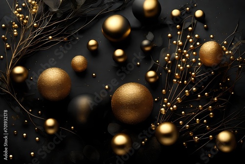 Rich matte black background adorned with golden orbs of different sizes and pearls