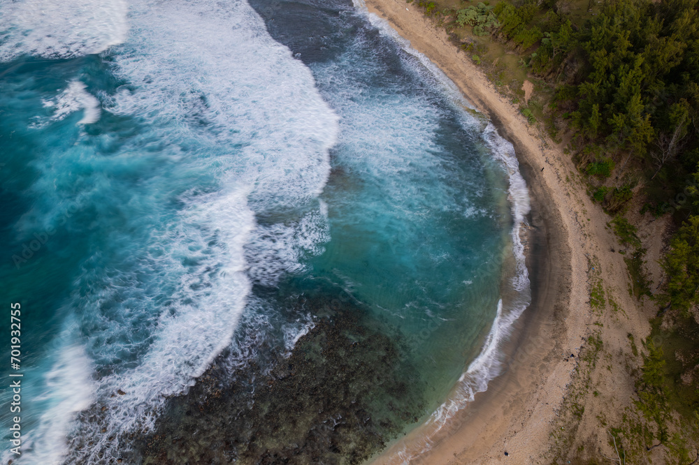 Aerial view of Savinia beach during a morning on the south coast of Mauritius island