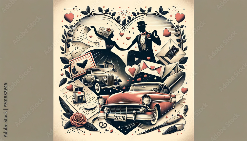 Fototapeta premium Valentine's greetings card in retro style with lovers couple. Vintage style. Valentine's day