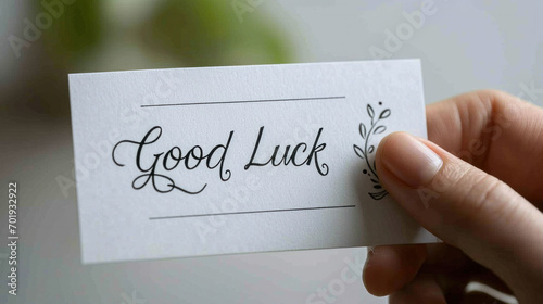 A hand presents a 'Good Luck' card with elegant script, conveying a personal message of hope and encouragement. photo