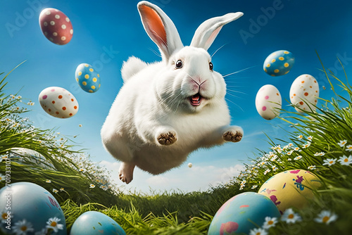happy Easter bunny jumping with joy with many Easter eggs © Melinda Nagy