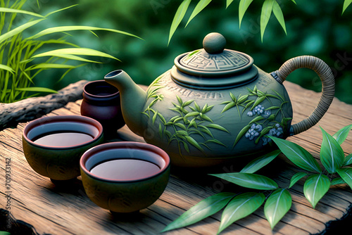 japanese tea hot teapot and teacups on bamboo mat