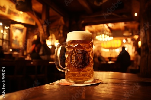 Cold fresh brilliance delicious unbottled craft beer foam mug glass keg beer wooden table bar pub. Brewery alcohol non-alcoholic drink party degustation holiday Oktoberfest Munich hospitable service photo