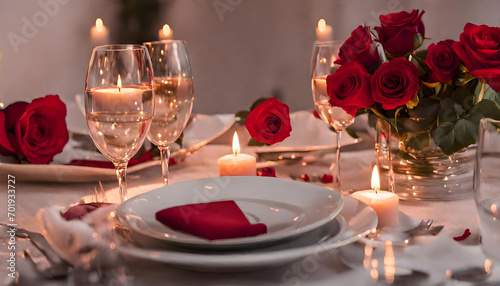 A romantic dinner table adorned with red roses, candles, and fine cutlery sets the perfect backdrop for love. The luxurious setting creates a timeless ambiance for a memorable dining experience.