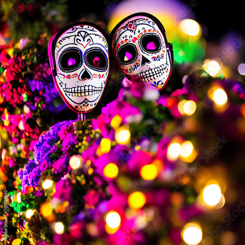 Captivating composition featuring two intricately designed skeleton masks, surrounded by an array of vibrant elements including flowers and lights, creating a visually stunning and evoc. Generative AI photo