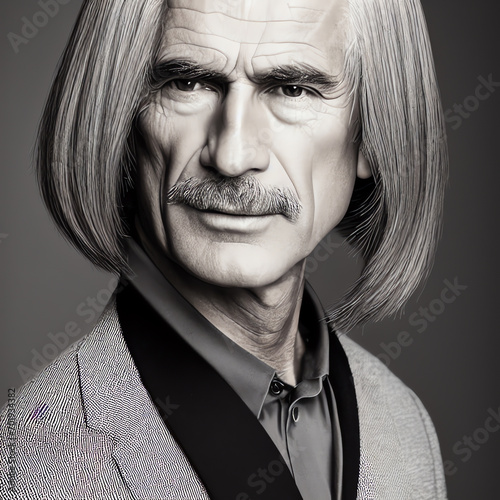 Fashion photography. Portrait of a mature handsome man with straight, long hair. Generative AI