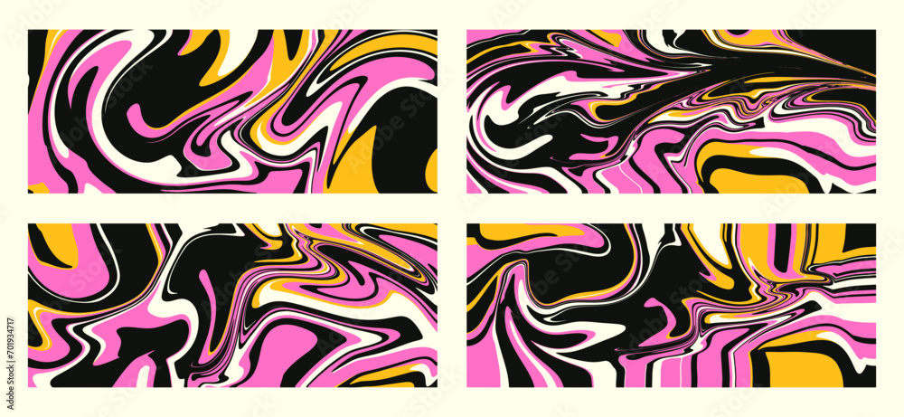Set of wavy trippy patterns in psychedelic colors. Vector abstract background. Aesthetic texture with flowing waves in the style of the 1970s. Set of wavy trippy patterns in psychedelic colors. Vector abstract background. Aesthetic texture with flowing waves in the style of the 1970s.