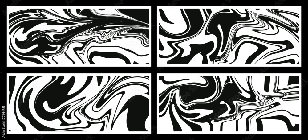 Fototapeta premium Set of wavy trippy patterns in black on a white background. Vector abstract background. Aesthetic texture with flowing waves in the style of the 1970s.
