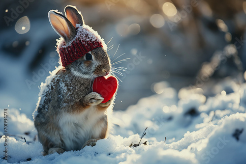 Cute rabbit wearing winter hat and holding a red heart in its hands. Image for valentine's day, wedding, birthday or love message cards. photo