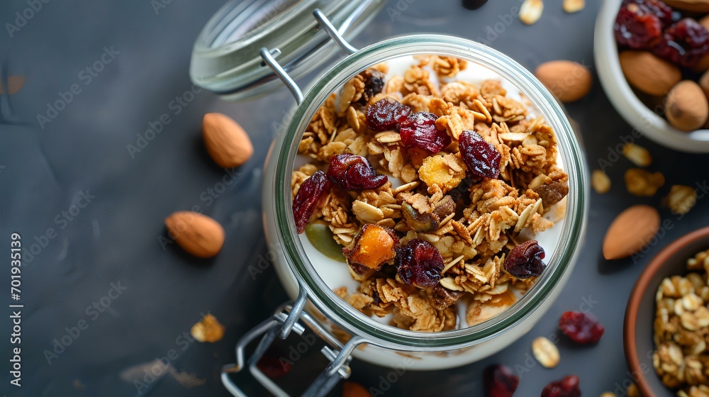Granola with nuts and dried cranberries in a glass jar on a dark background Granola with nuts and dried cranberries in a glass jar on a dark background