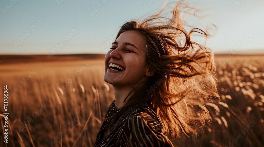 a woman with long hair smiling in a field of grass