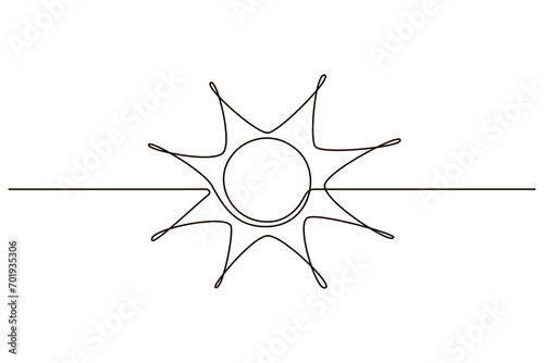 Sun continuous one line icon drawing on white background. Hot temperature and summer sea travel symbol vector illustration in doodle style. Summer sun contour line sign  photo
