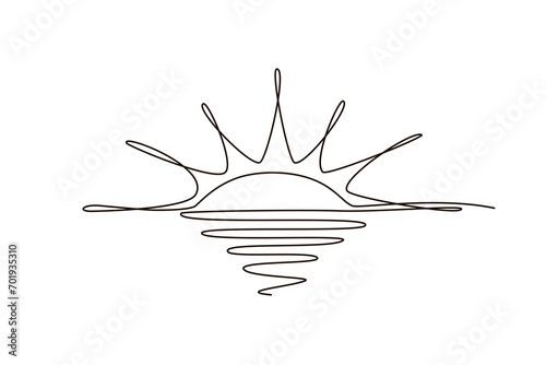 Sun continuous one line icon drawing on white background. Hot temperature and summer sea travel symbol vector illustration in doodle style. Summer sun contour line sign 