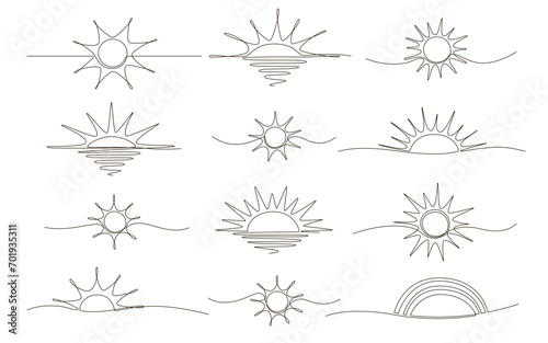 Set of sun continuous one line icon drawing on white background. Hot temperature and summer sea travel symbol vector illustration in doodle style. Summer sun contour line sign 