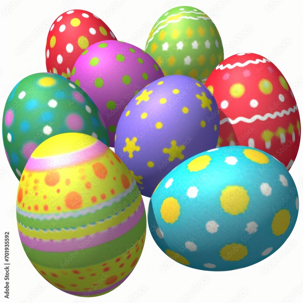 a group of 3D-rendered Easter eggs with bright, playful patterns and colors, clustered together against a white background. a group of 3D-rendered Easter eggs with bright, playful patterns and colors, clustered together against a white background.