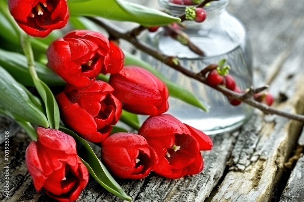 Vivid red tulips with lush green leaves lie across an aged wooden surface, their bold color a striking symbol of Easter's joy and vitality. Vivid red tulips with lush green leaves lie across an aged wooden surface, their bold color a striking symbol of Easter's joy and vitality.