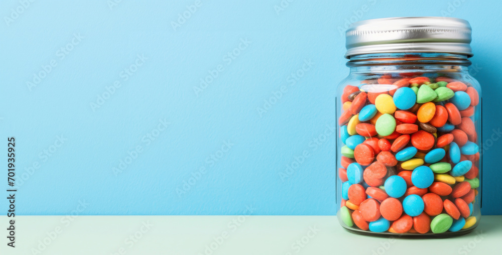 A glass jar teeming with an abundance of colorful Easter candies, set against a light blue background. A glass jar teeming with an abundance of colorful Easter candies, set against a light blue background.