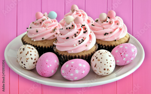A charming display of cupcakes with pink icing and sprinkles, accompanied by speckled Easter eggs on a white plate, set against a pink background.