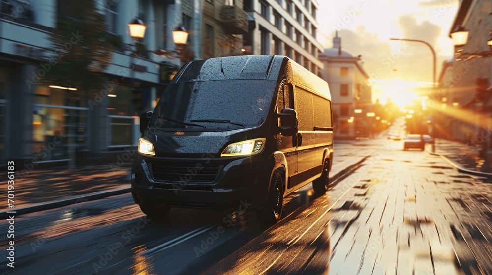 Obraz premium a van driving down a city street