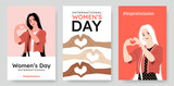 Inspireinclusion. 2024 International Women's Day vertical banners set. Cartoon women showing sign of heart with their hands. Design for poster, campaign, social media post. Vector illustration.